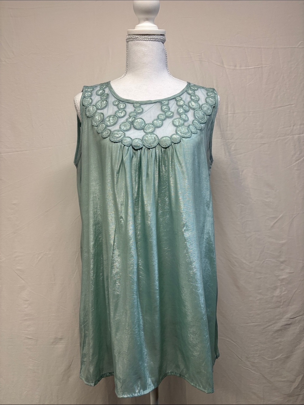 Shimmery Mint Green Sleeveless Tunic with Embroidered Yoke